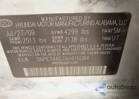 2010 Hyundai Sonata Gls z USA, uszkodzony, nr VIN 5NPET4AC7AH616084